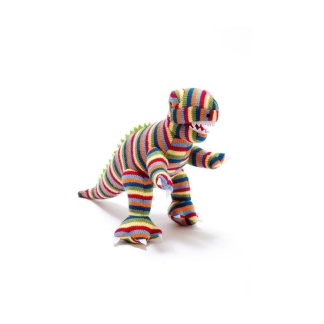 T Rex Knitted Dinosaur Soft Toy Rainbow Stripe