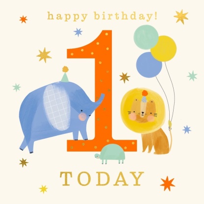 1st Birthday Card - Elephant and Lion