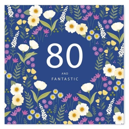 80th Birthday Card - Blue Floral